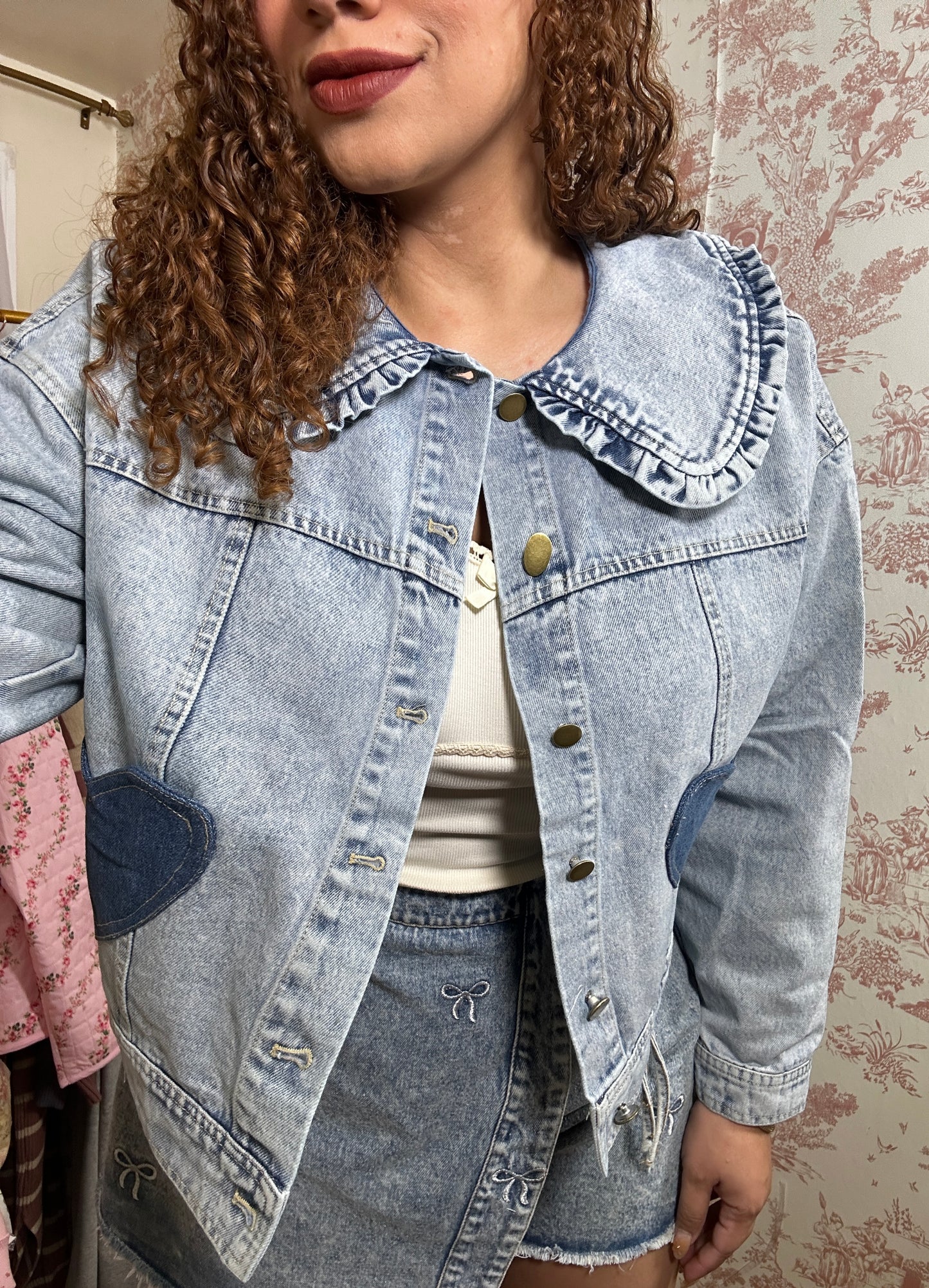 Amiel Hearts Castle Cotton Patch Denim Jacket With Ruffle Collar