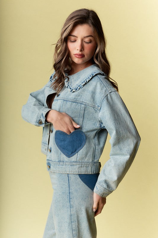 Amiel Hearts Castle Cotton Patch Denim Jacket With Ruffle Collar
