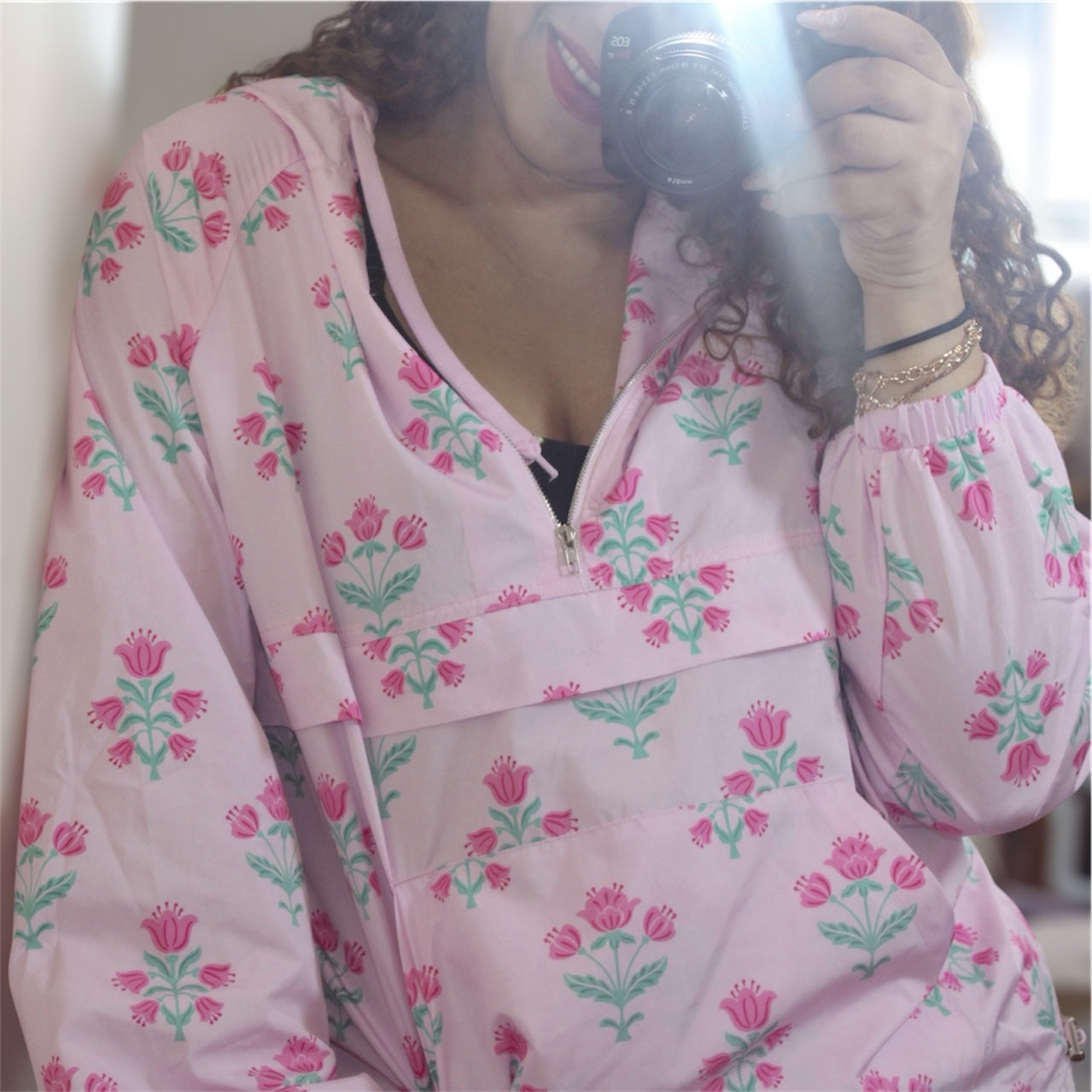 Jody Loves Flowers Floral Oversized Printed Half Zip Windbreaker Jacket