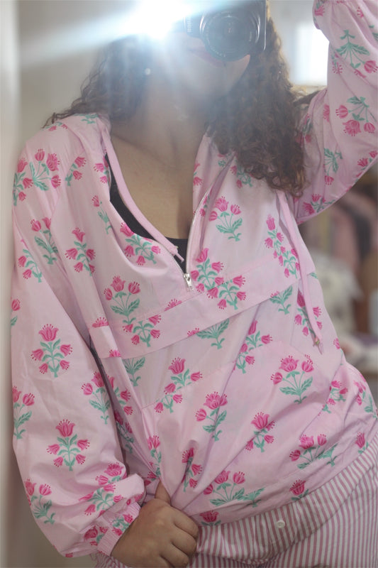 Jody Loves Flowers Floral Oversized Printed Half Zip Windbreaker Jacket