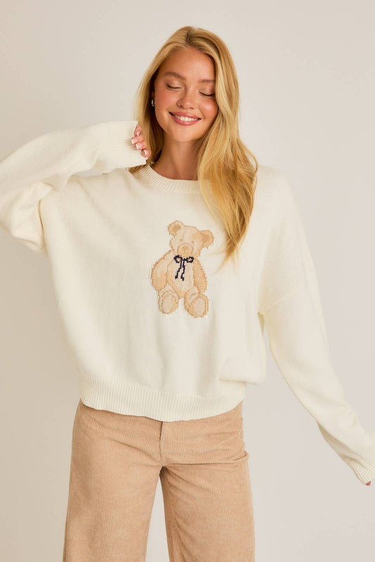 Beary Sweet Oversized Long Sleeve Crew Neck Teddy Bear Graphic Sweater