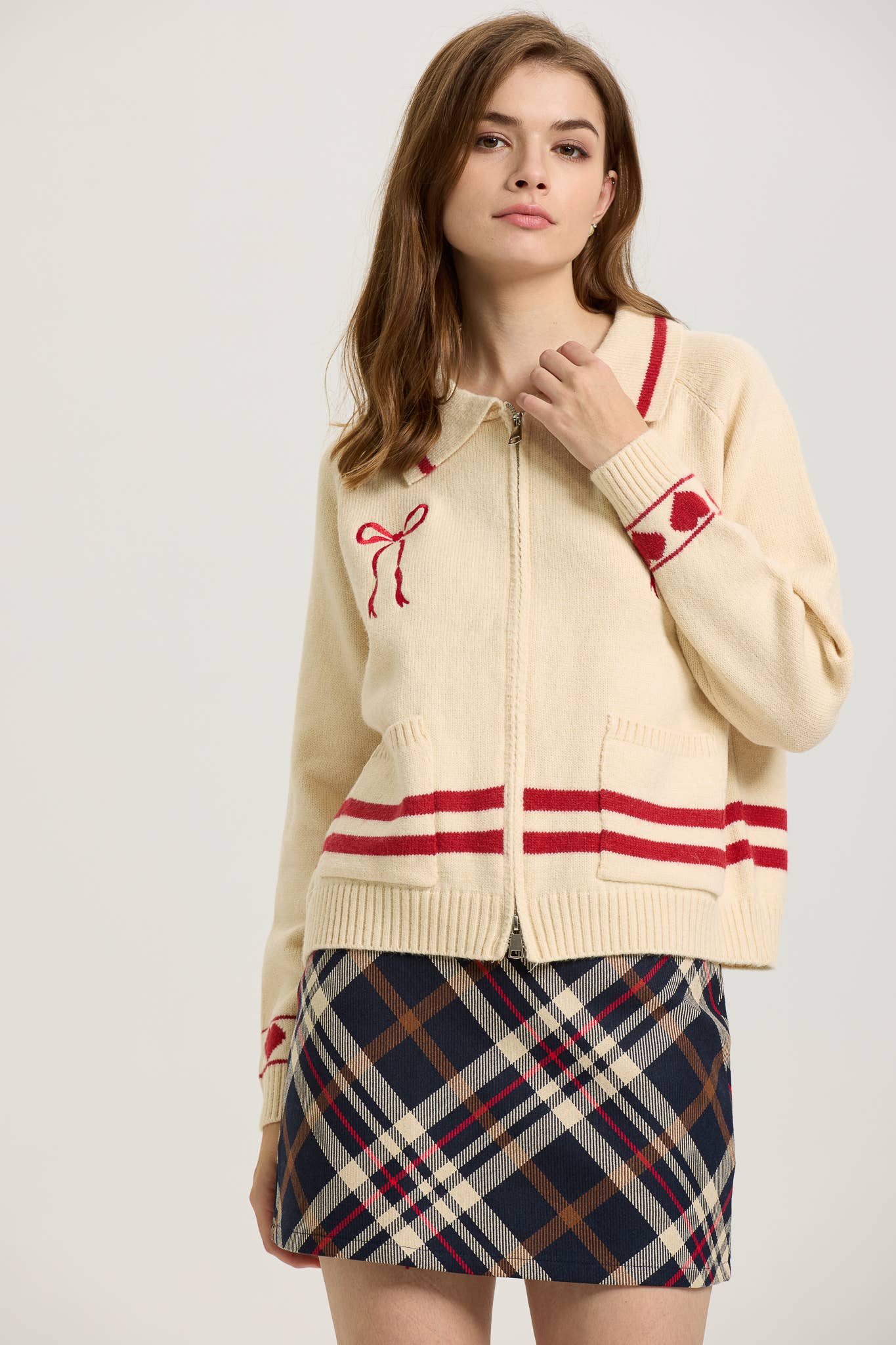 Love Season Zip-Up Cardigan with Red Bow Embroidery