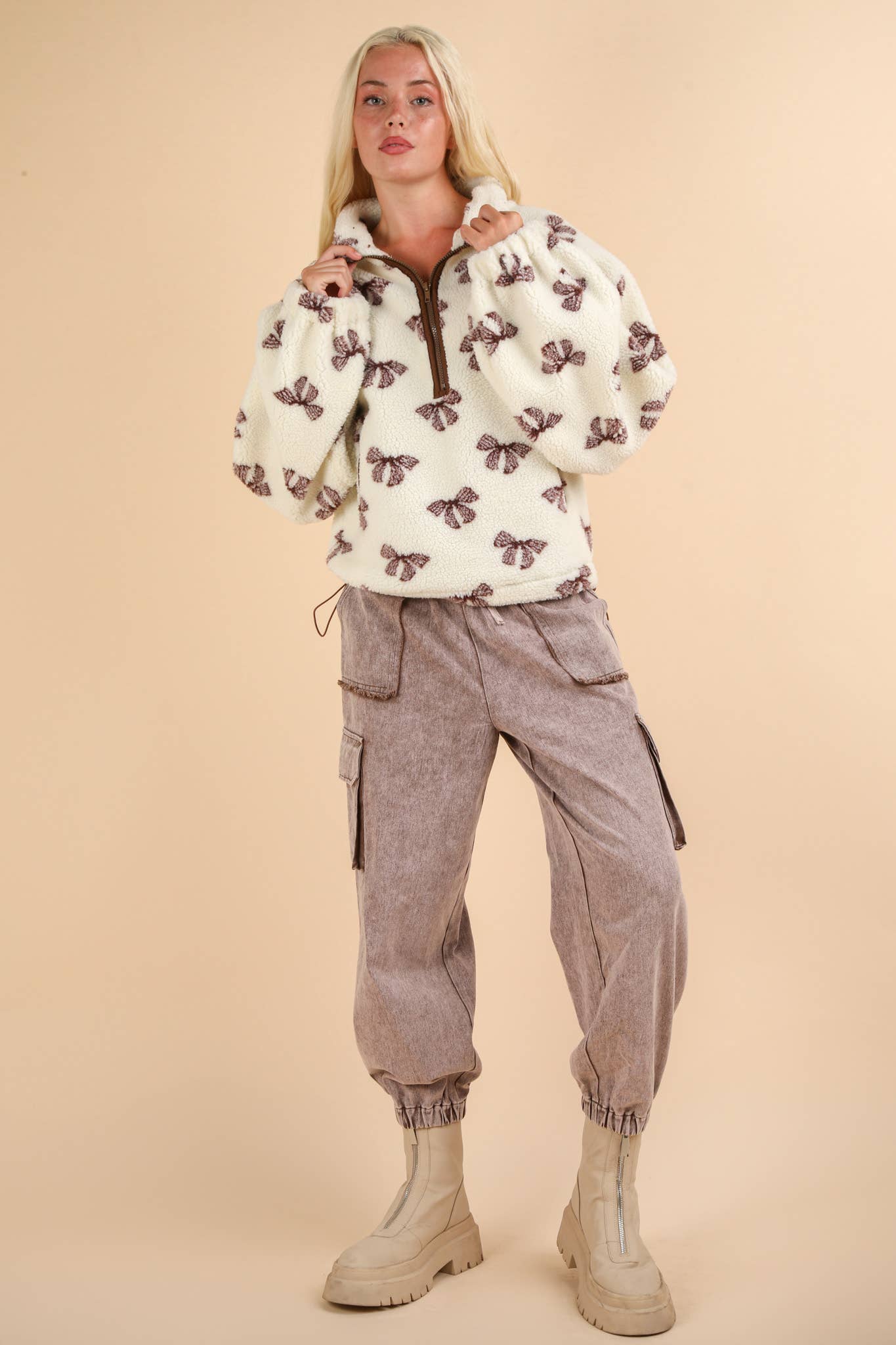Bow Princess Cream Oversized Printed Fleece Henley Zip Up Top with Pockets