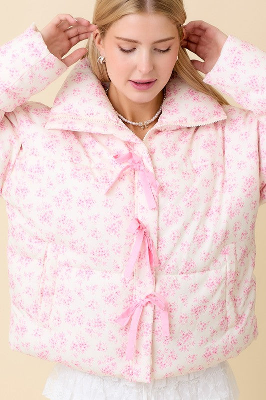 Lilee Ballerina Floral Printed Puffer Ribbon Bow Jacket