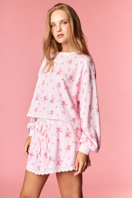 Floral Lace Trim Lounge Set