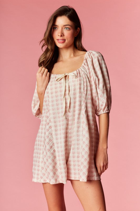 Check Puff Sleeve Romper