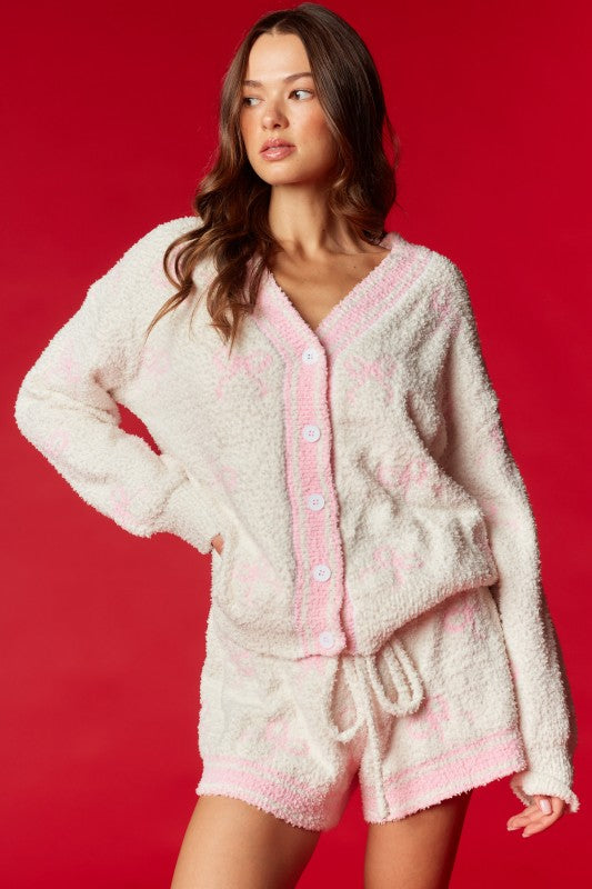 Bow Jacquard Boucle Pajama Set Pink