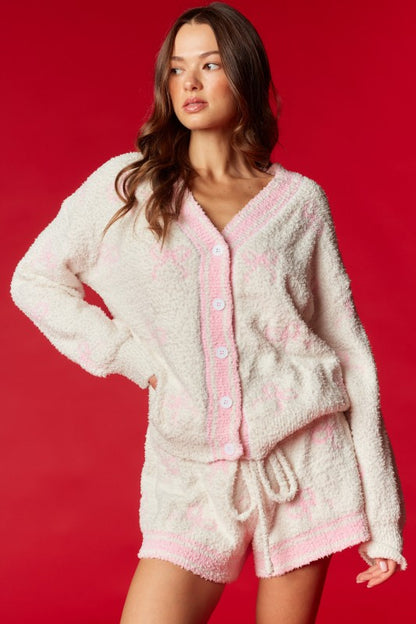 Bow Jacquard Boucle Pajama Set Pink