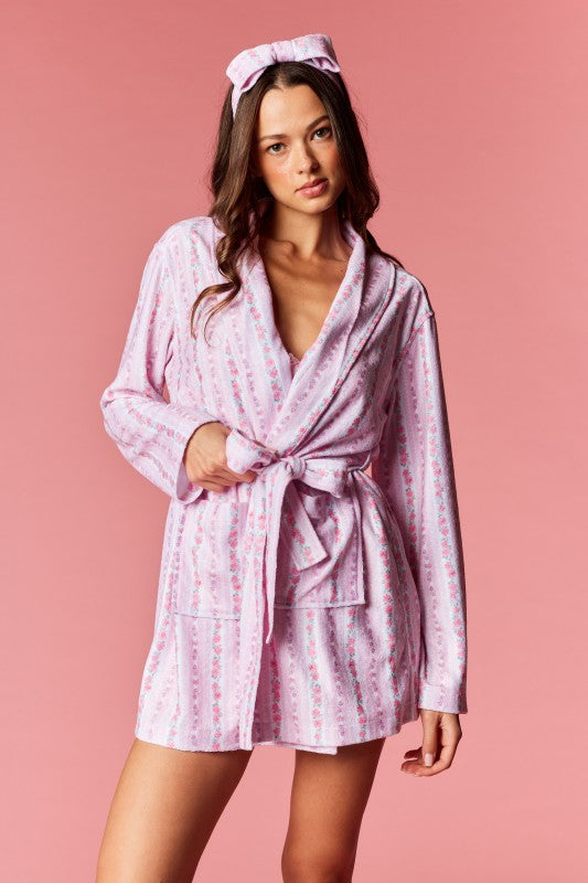 Rose Stripe Belted Robe & Head Band Set