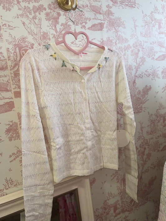 Aurelia Cream Pointelle Knit Floral Cardigan