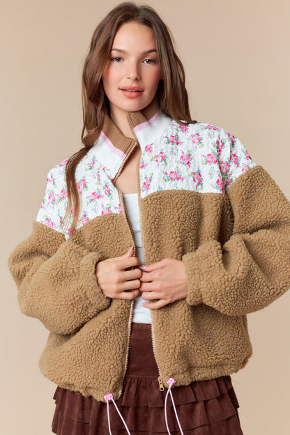 Floral Printed Contrast Sherpa Zip-Up Jacket