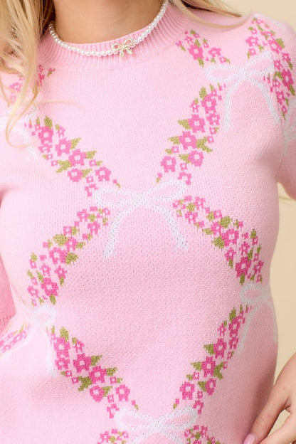 Emily’s Flower Palace Floral Ribbon Print Sweater Knit Top