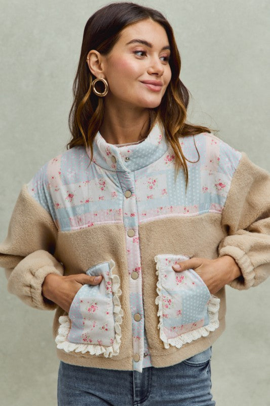 Floral Print With Ruffle Sherpa Jacket