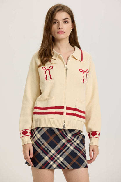 PRE ORDER Love Season Zip-Up Cardigan with Red Bow Embroidery SHIPS 01/23