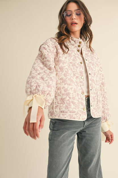 Vintage Darling Floral Quilted Jacket With Bow Tie Ribbon Details