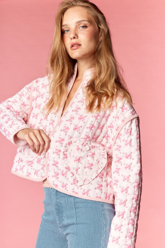 Pink Floral Heart Pocket Quilted Jacket
