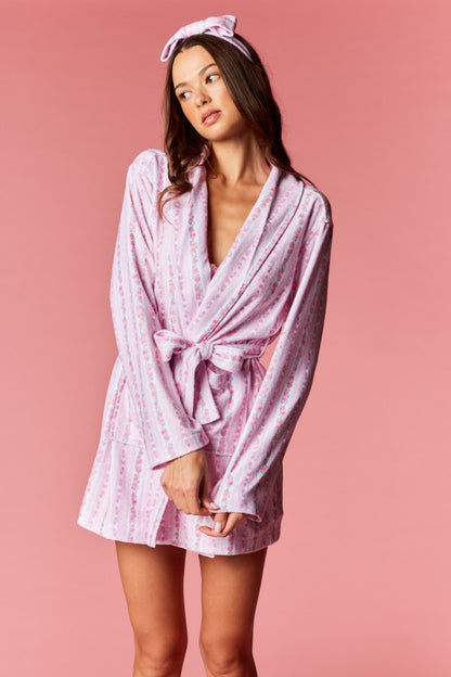 Rose Stripe Belted Robe & Head Band Set