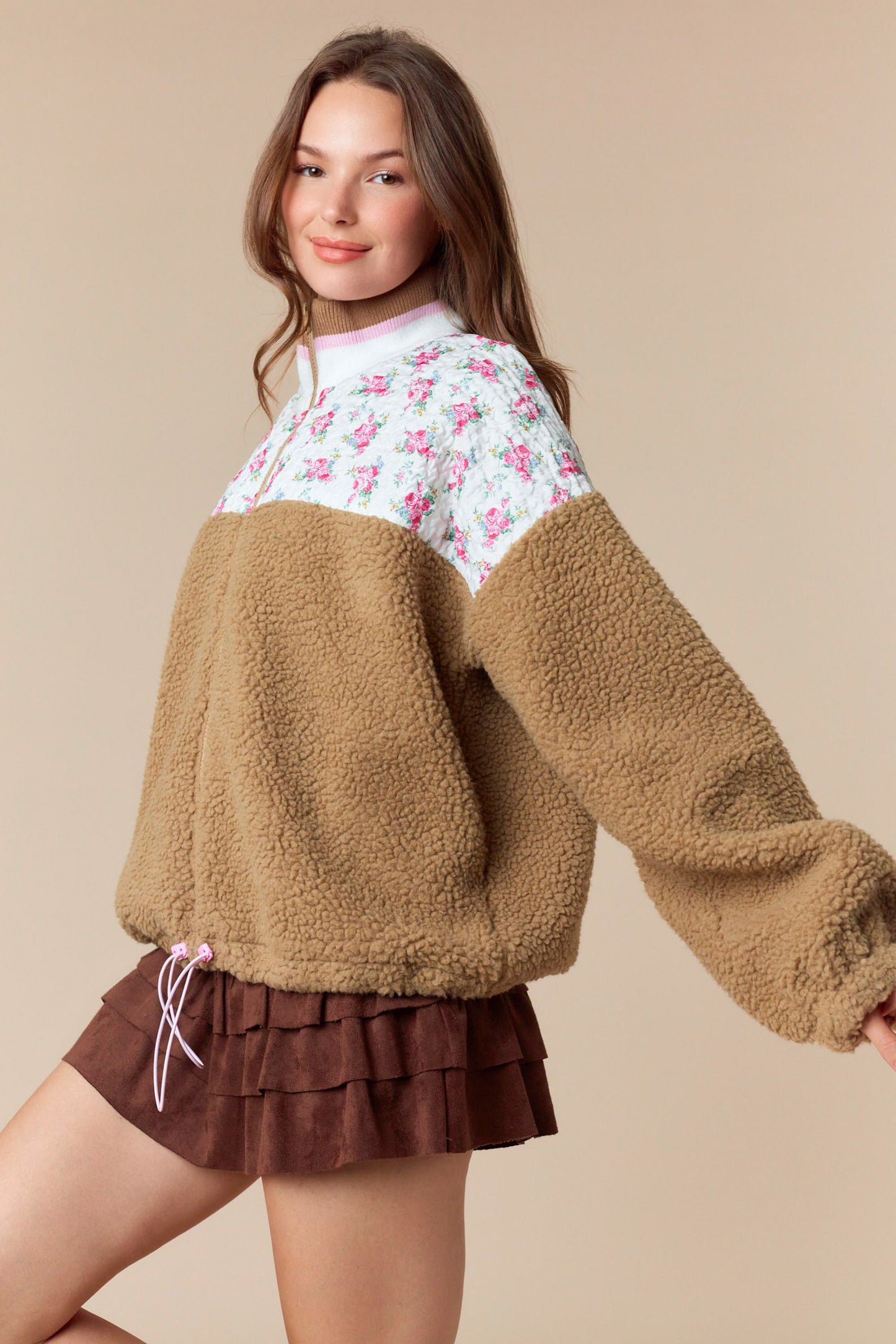 Floral Printed Contrast Sherpa Zip-Up Jacket