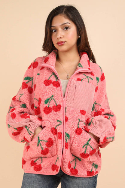 Cherrysweet Oversized Printed Fleece Jacket