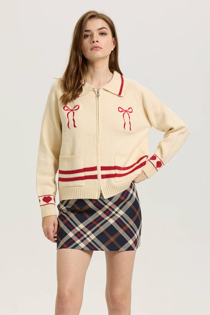 PRE ORDER Love Season Zip-Up Cardigan with Red Bow Embroidery SHIPS 01/23