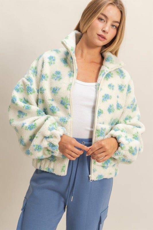 Comfy Floral Print Sherpa Zip Up Jacket Blue