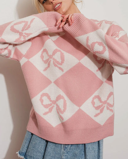 Chess Queen Oversized Checkered Bow Sweater