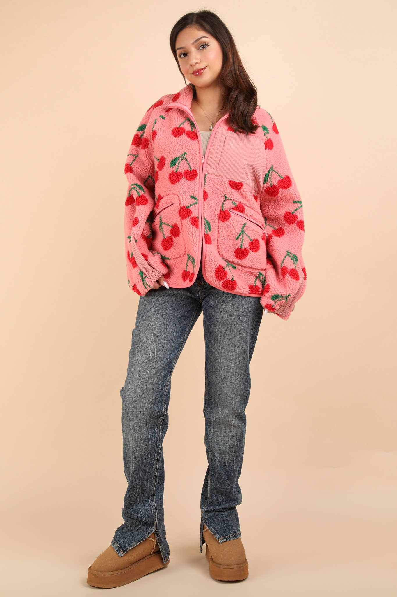 Cherrysweet Oversized Printed Fleece Jacket