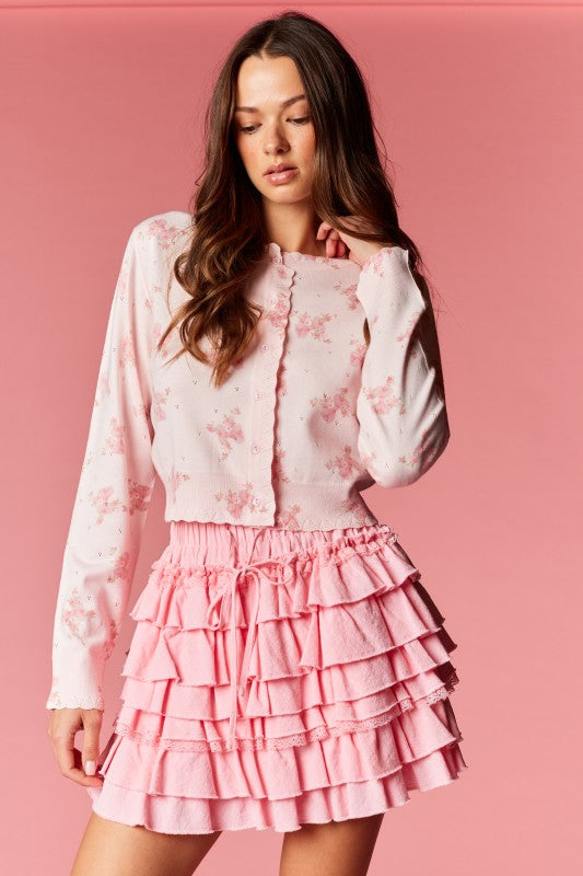 Floral Printed Scalloped Edge Cardigan