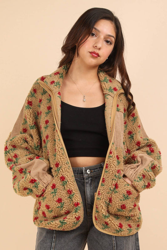 Red Roses Oversized Printed Fleece Jacket