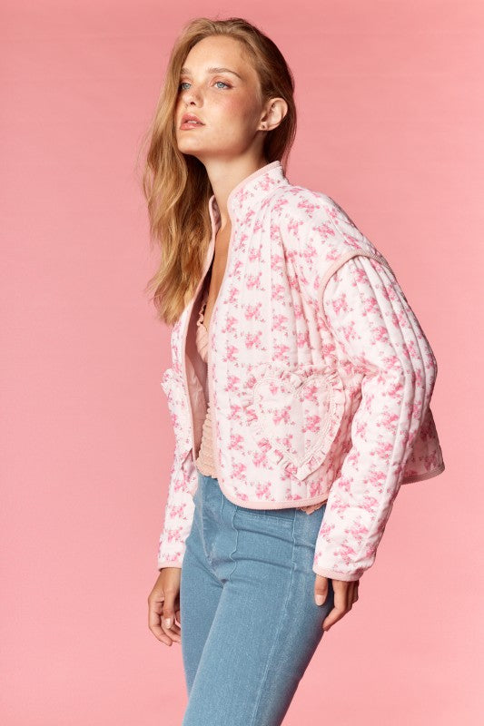 Pink Floral Heart Pocket Quilted Jacket