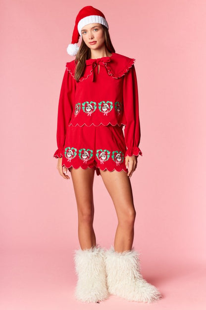 Red Santa Wreath Embroidery Corduroy Set