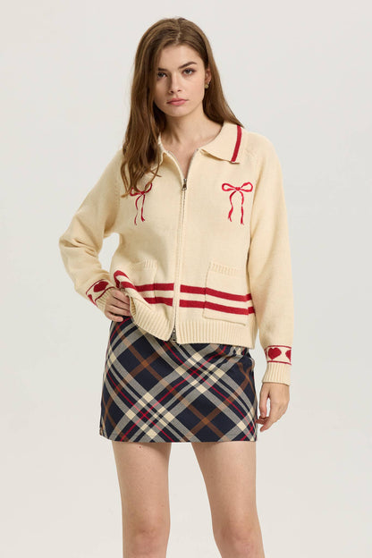 PRE ORDER Love Season Zip-Up Cardigan with Red Bow Embroidery SHIPS 01/23