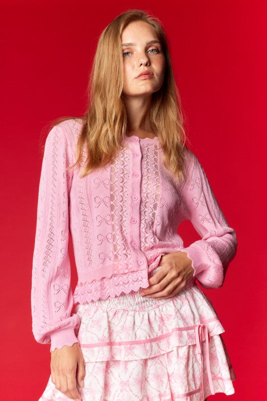 Bow Pointelle Lace Hem Cardigan