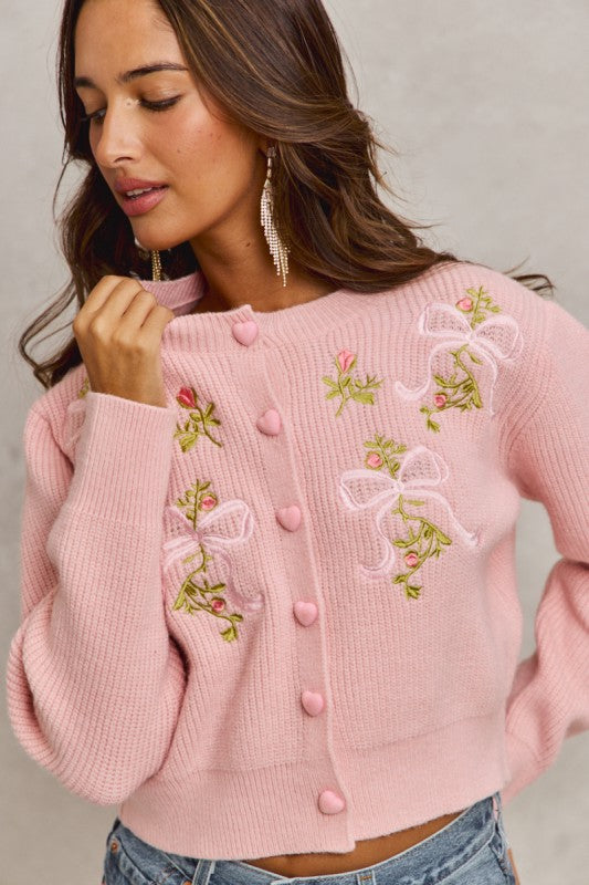 Floral Heart Button Sweater Cardigan