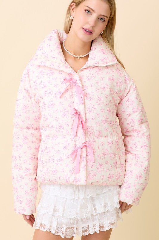 Lilee Ballerina Floral Printed Puffer Ribbon Bow Jacket