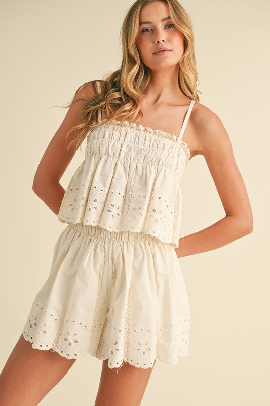 Embroidered Cami and Shorts Set With Lace Trim