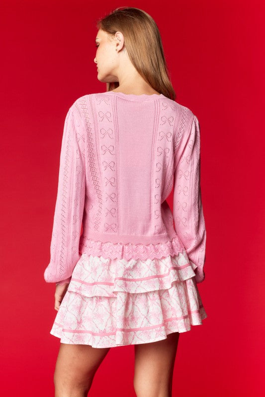 Bow Pointelle Lace Hem Cardigan
