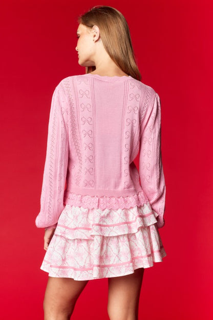 Bow Pointelle Lace Hem Cardigan