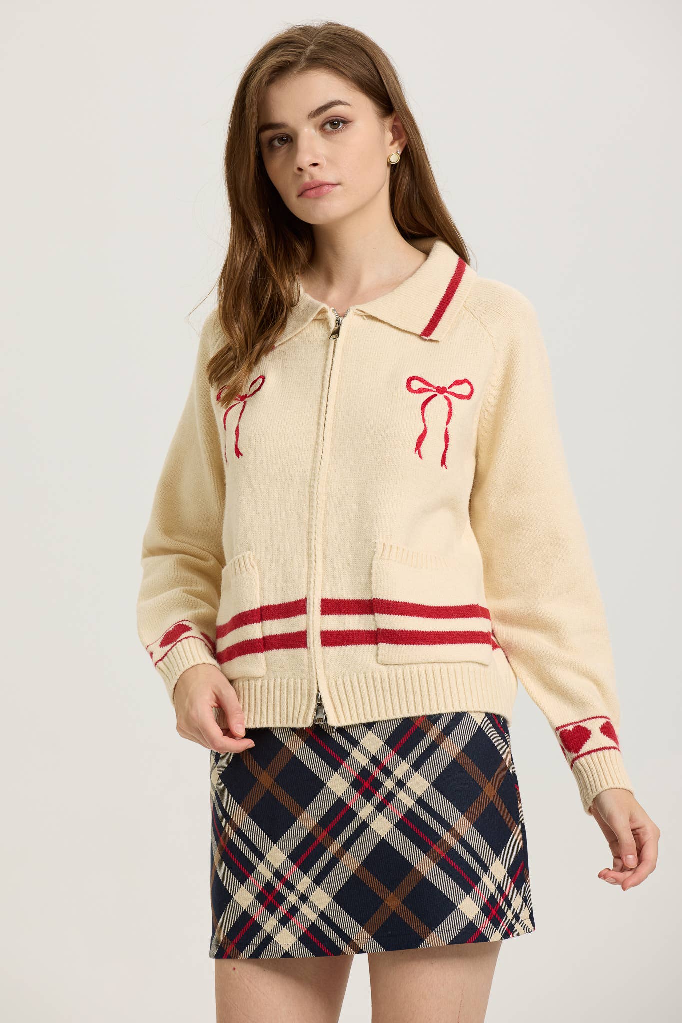 PRE ORDER Love Season Zip-Up Cardigan with Red Bow Embroidery SHIPS 01/23