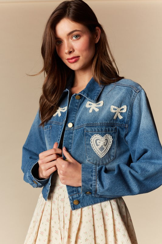 Bow & Lace Cropped Denim Jacket