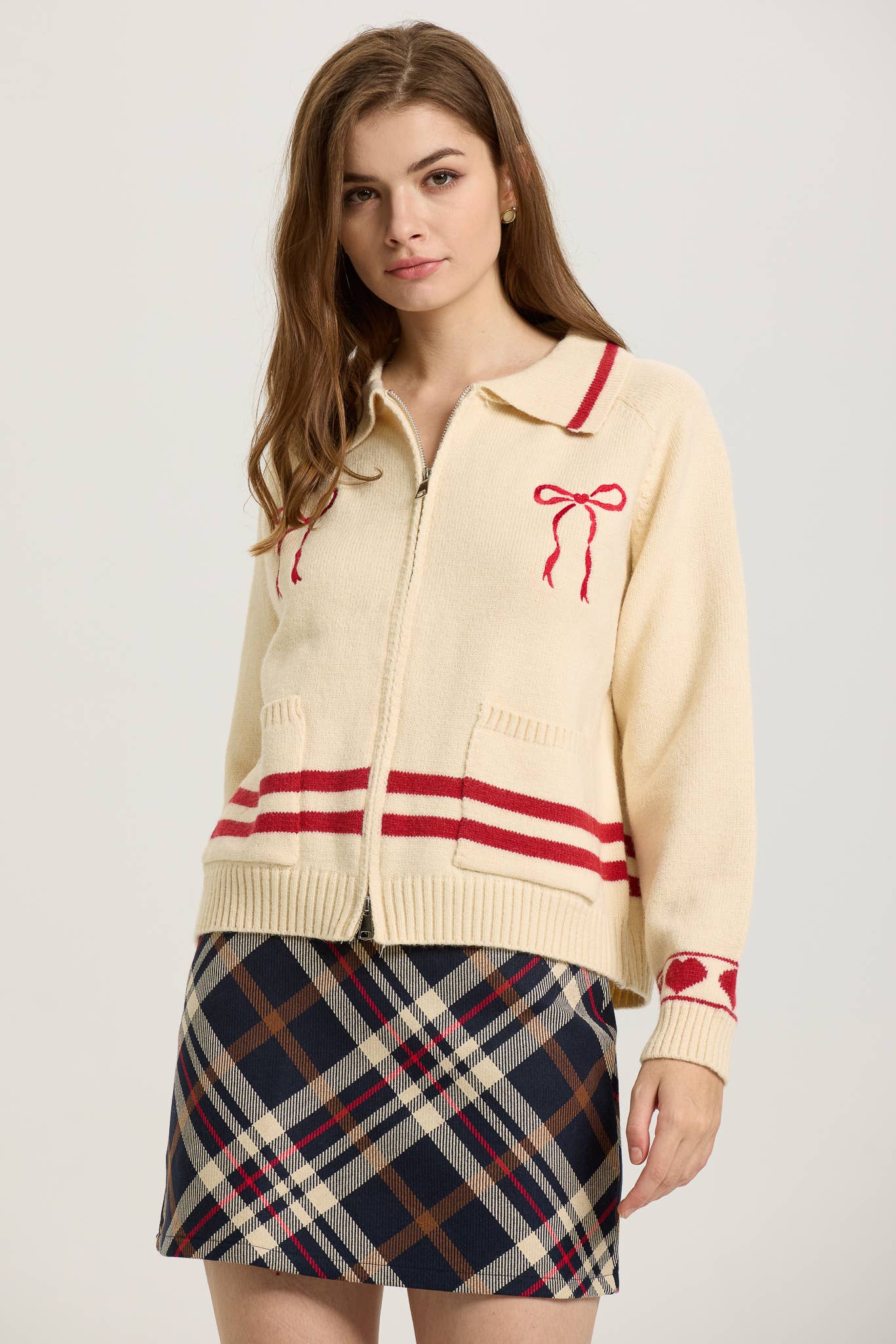 PRE ORDER Love Season Zip-Up Cardigan with Red Bow Embroidery SHIPS 01/23