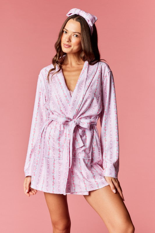Rose Stripe Belted Robe & Head Band Set