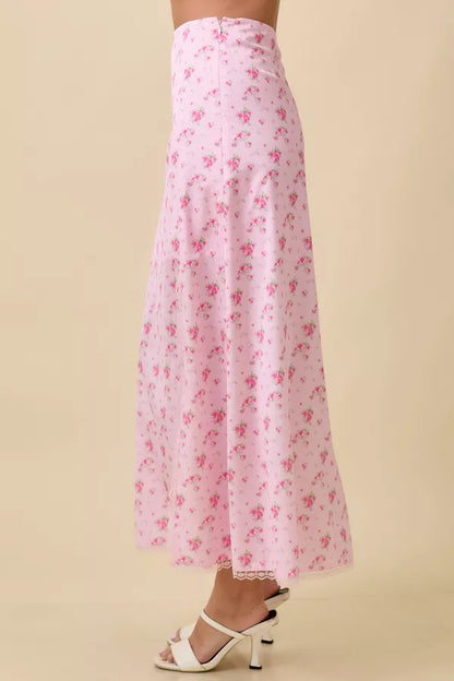 Spinkess Satin Floral Midi Skirt