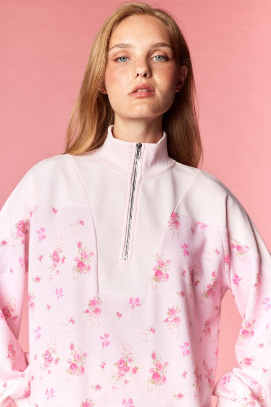 Pink Floral Terry Zip Up Set