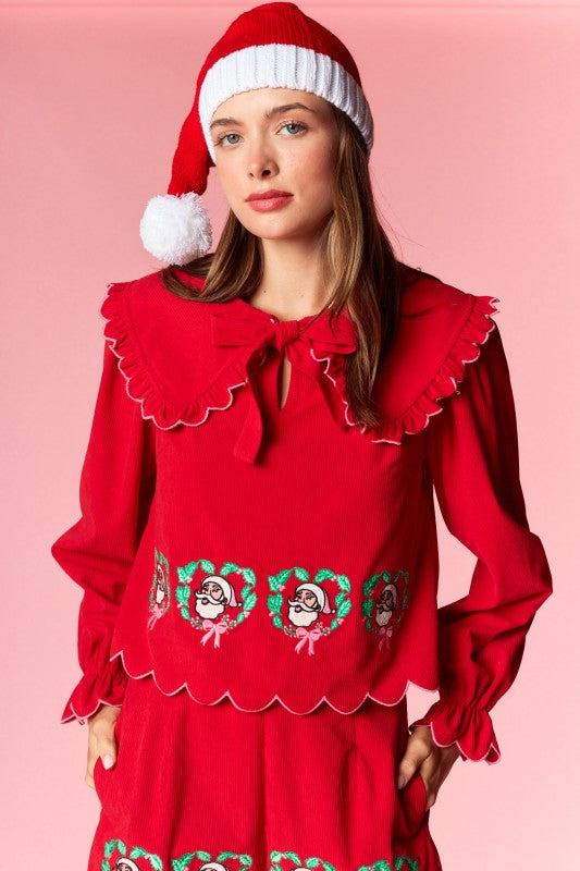 Red Santa Wreath Embroidery Corduroy Set