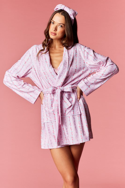 Rose Stripe Belted Robe & Head Band Set