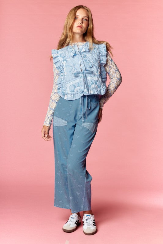 Bow Embroidered Barrel Pants