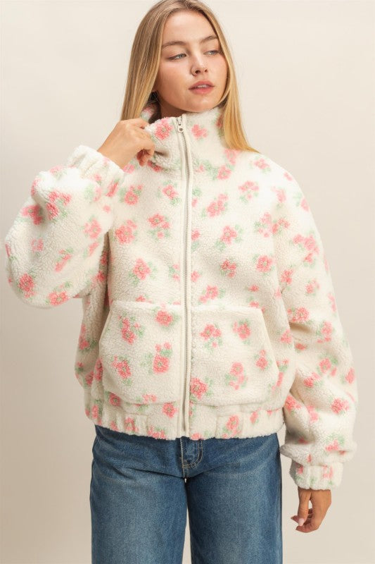 Comfy Floral Print Sherpa Zip Up Jacket Pink