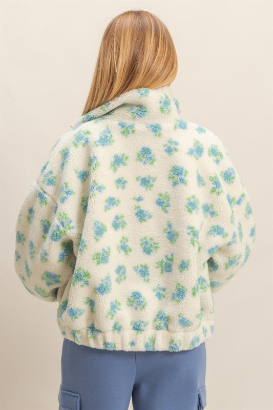 Comfy Floral Print Sherpa Zip Up Jacket Blue