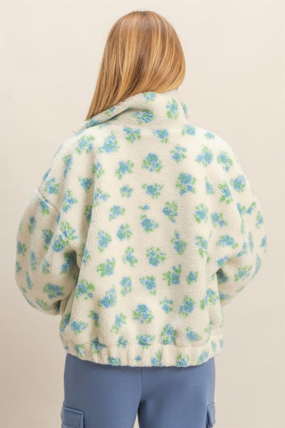 Comfy Floral Print Sherpa Zip Up Jacket Blue